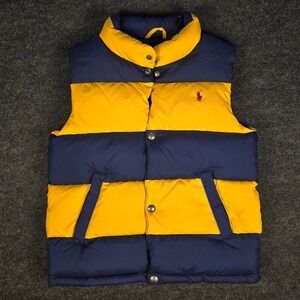 Vtg Polo Ralph Lauren Youth Navy Yellow Rugby Stripe Puffer Vest Big Logo Size 7